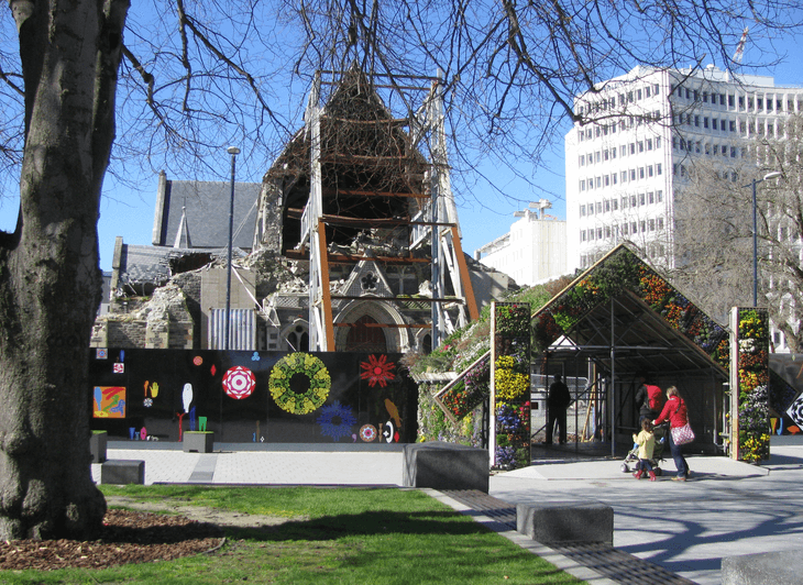 Temporary green building and artworks in Cathedral Square