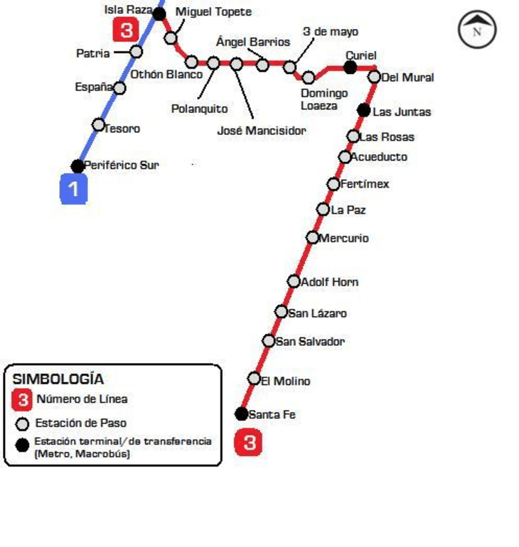 Map of the planned Line 3 of the Guadalajara light rail system.